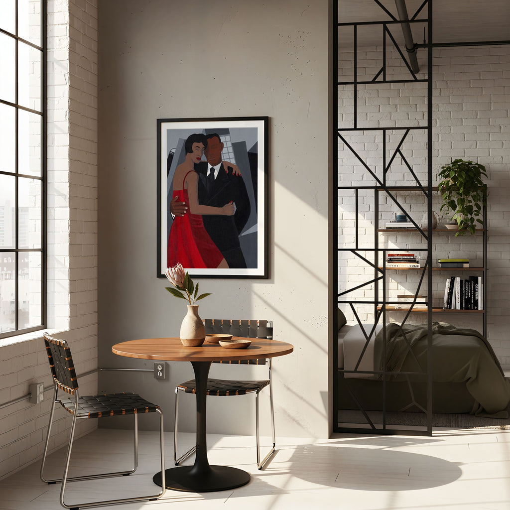 Modern interior with a round table, chairs, and a print of an african american couple embracing .