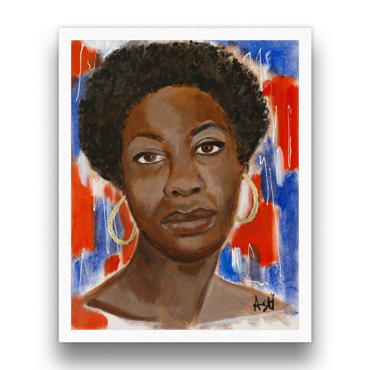 black art print 'Red, White & Blue - Nina Simone' by Antionette Simmons Hodges. A vibrant portrayal of Nina Simone using bold red, white, and blue colors, capturing her iconic presence and influence in music and culture.