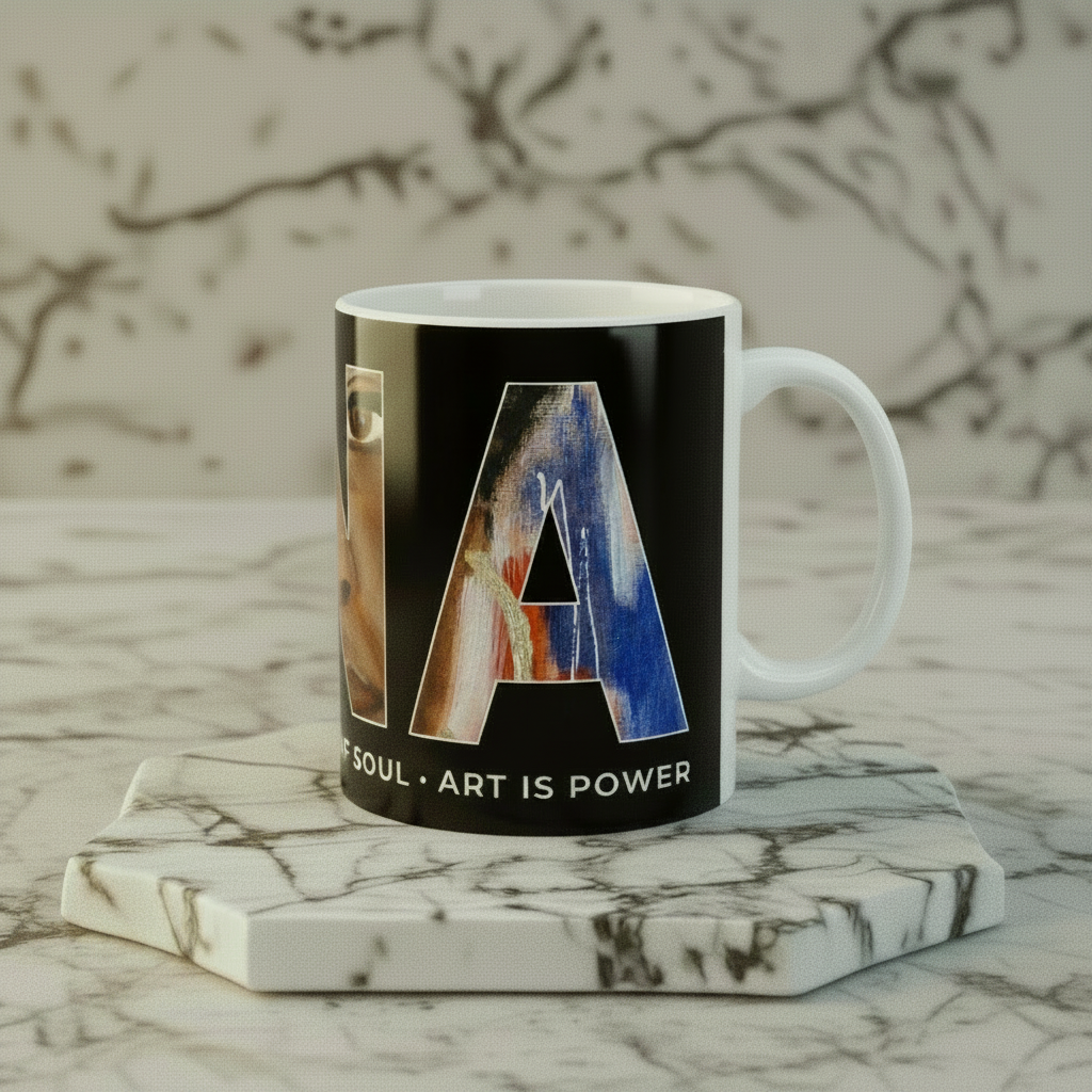 Nina Simone ceramic mug right side view on marble riser — Art Is Power Vol. I by Inkwell Fine Art Prints