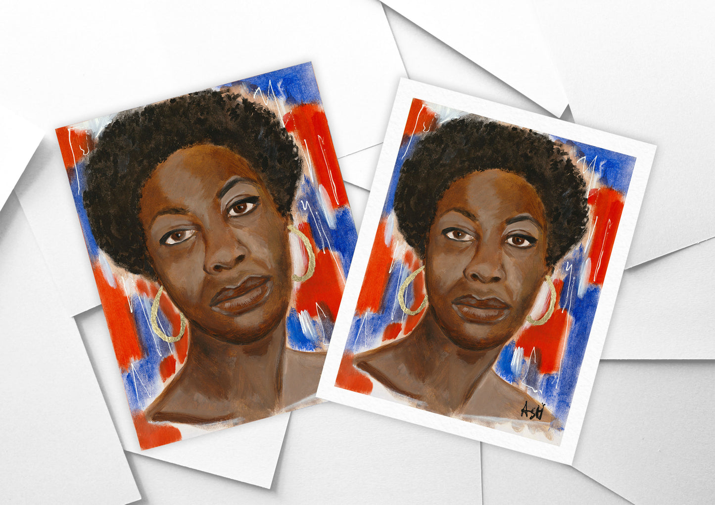 Portrait of Nina Simone, enveloped in vibrant red, white, and blue hues. The artwork captures Simone's powerful presence and her iconic role in music and civil rights, highlighting her enduring legacy and cultural impact