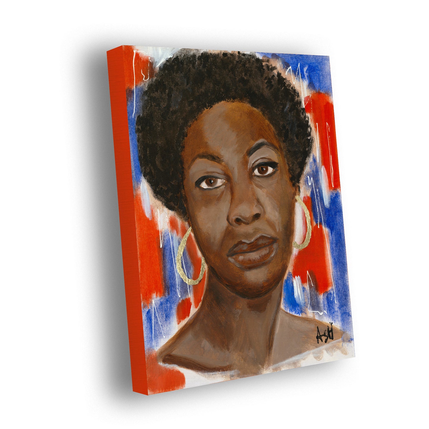 Stretched canvas print depicting Nina Simone, highlighted by bold red, white, and blue colors. The piece captures her significant impact on music and civil rights, with hues representing both patriotism and the soulful essence of the 'blues.