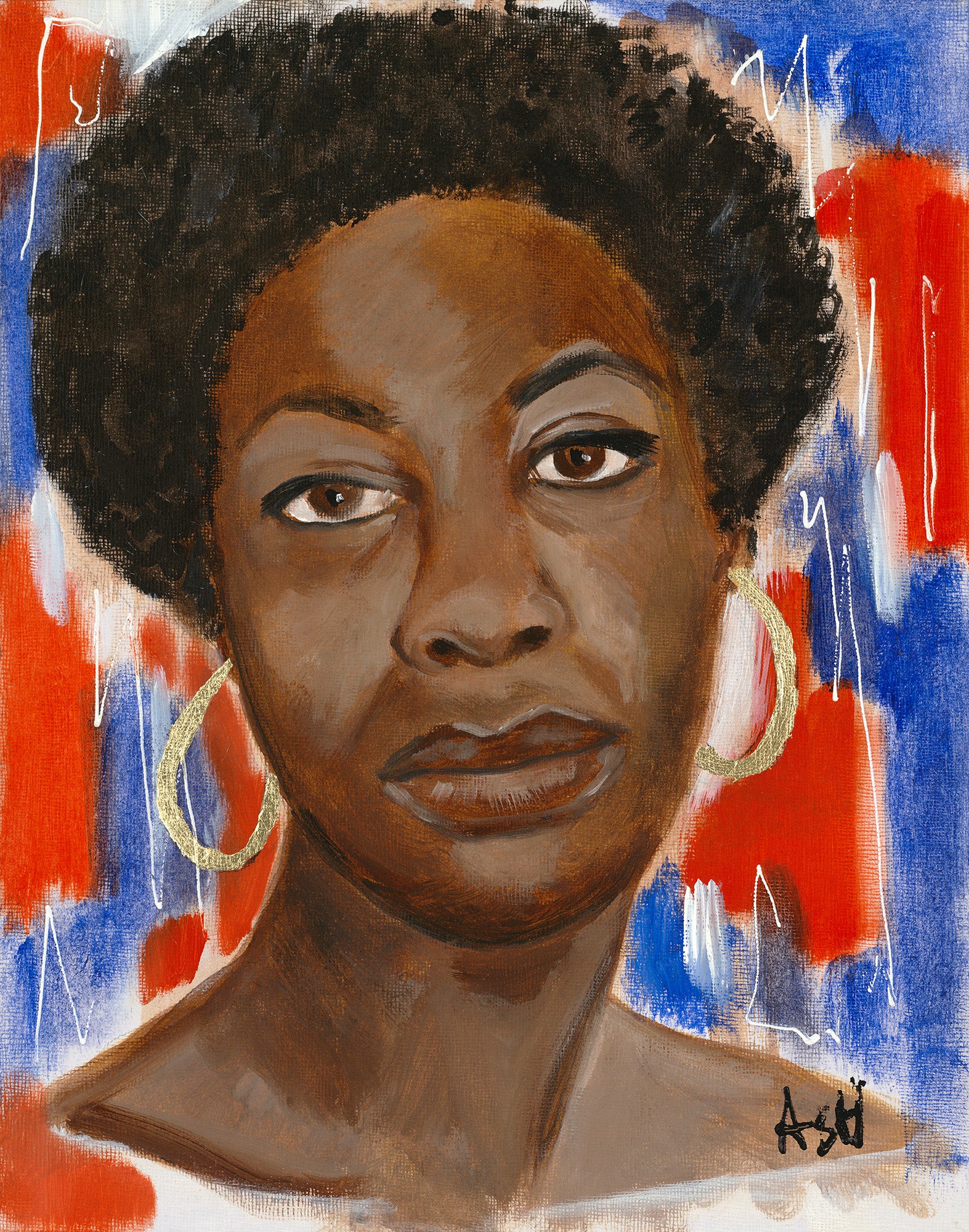 Artistic depiction of Nina Simone with dynamic red, white, and blue colors. The image reflects her influential role in music and civil rights, emphasizing her lasting cultural legacy and powerful presence.