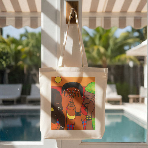 African Women Wisdom Art Tote Bag — See Hear Speak No Evil design on cotton canvas