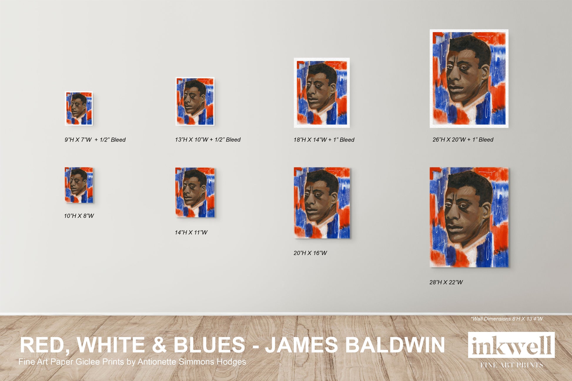 James Baldwin art Visual guide showcasing the range of available print sizes, from small to large, illustrating how each size option appears for comparison and selection.