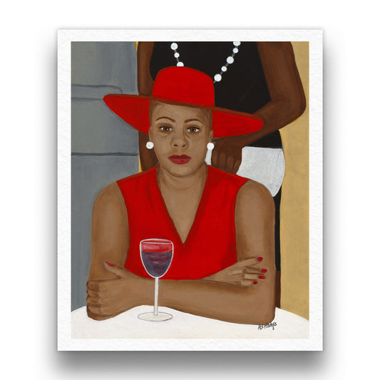 Black art print 'Pearls' by Antionette Simmons Hodges. A striking portrait of a young woman in a red dress and hat, sitting at a table with a glass of wine, conveying introspection and anticipation.