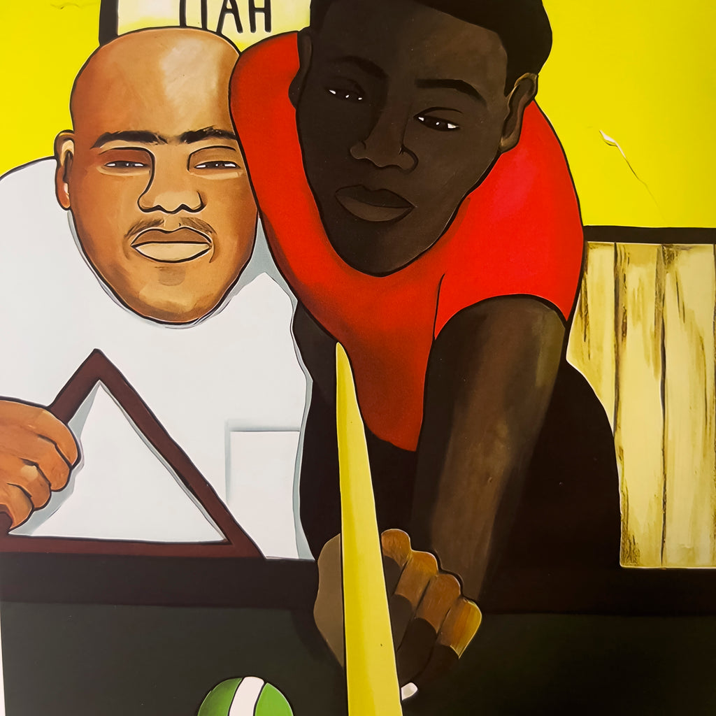 Pool Hall giclee print — lifestyle view, Black men billiards community art by A.S. Hodges