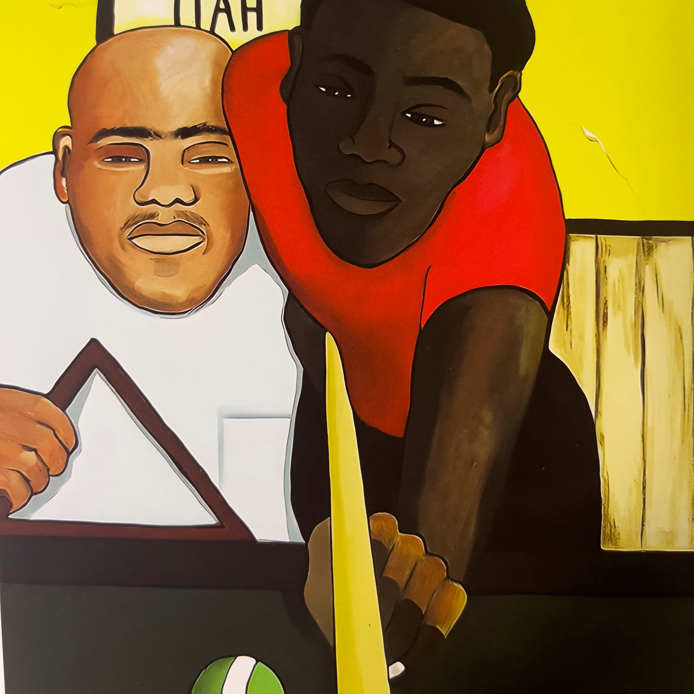 Pool Hall giclee print — lifestyle view, Black men billiards community art by A.S. Hodges