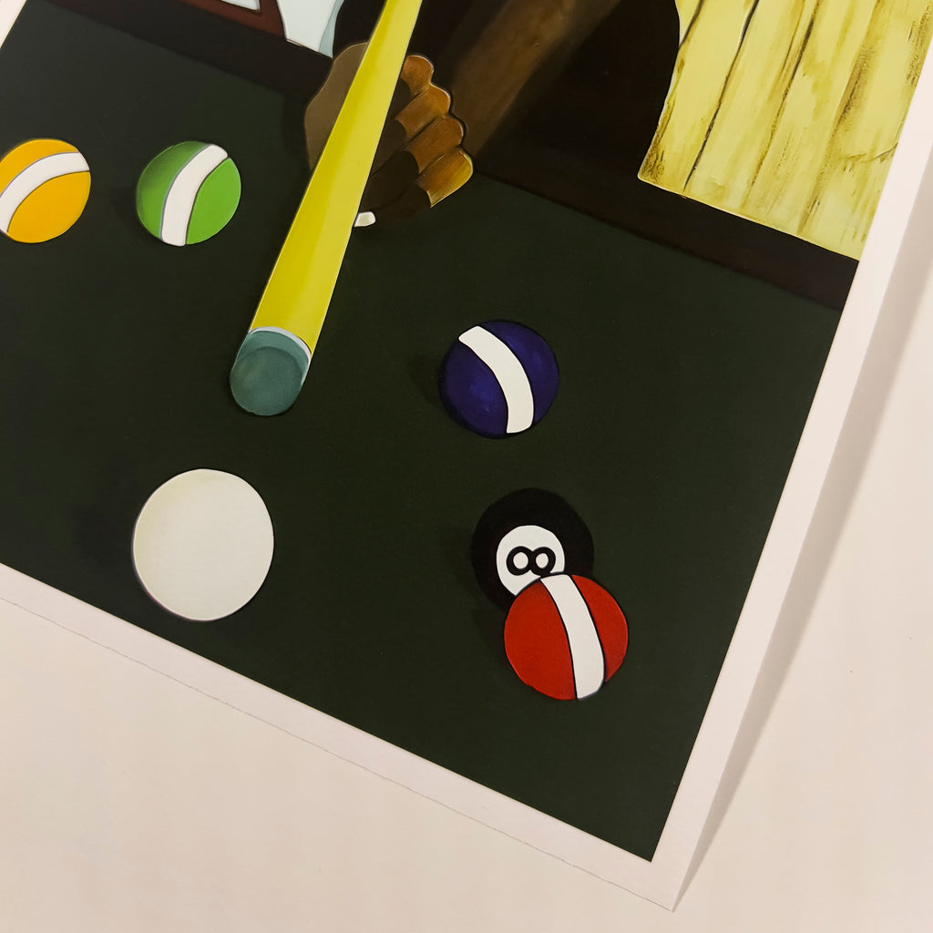 Pool Hall giclee print — lifestyle view, Black men billiards community art by A.S. Hodges