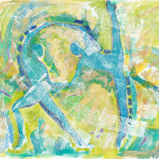 Motion in Teal' art print: Abstract expressionist painting featuring swirling teal hues interwoven with lime green, copper, blues, and white, depicting dynamic movement and dance elements, with abstract forms of dancers emerging from the brushstrokes. 