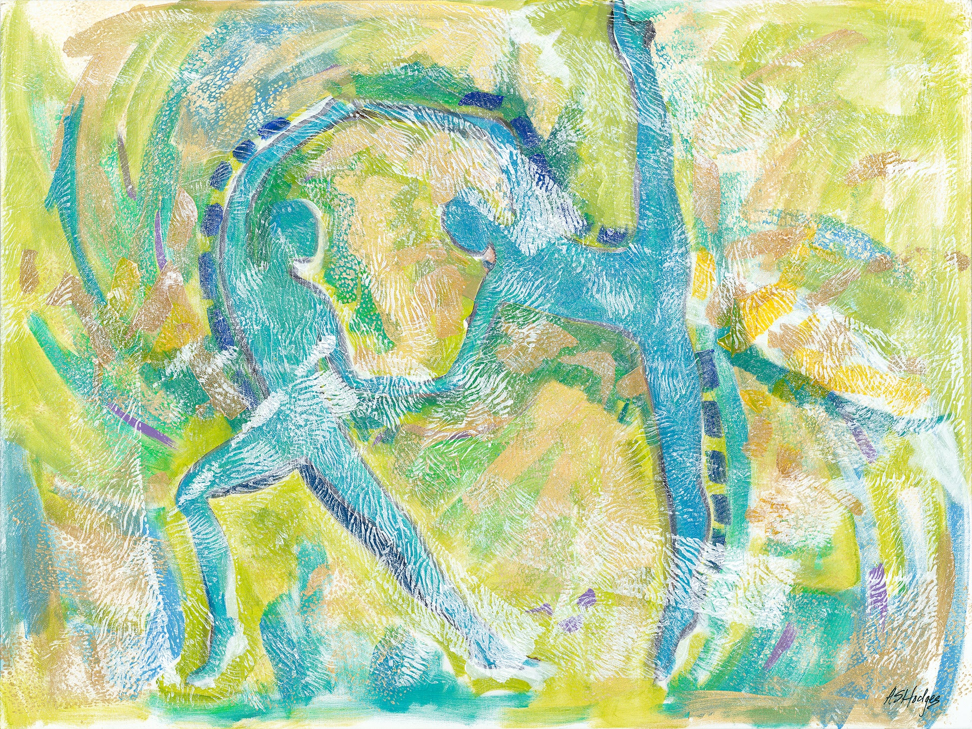 Motion in Teal' art print: Abstract expressionist painting featuring swirling teal hues interwoven with lime green, copper, blues, and white, depicting dynamic movement and dance elements, with abstract forms of dancers emerging from the brushstrokes. 