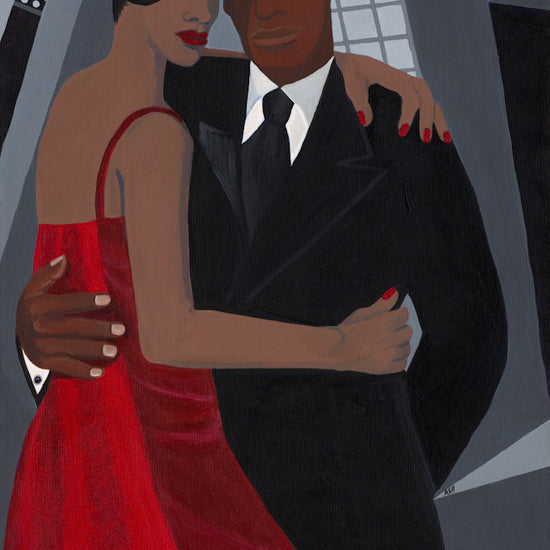 Night on the Town  african american artwork by Antionette simmons hodges depicts a well dressed african american couple in an embrace in front of a cityscape