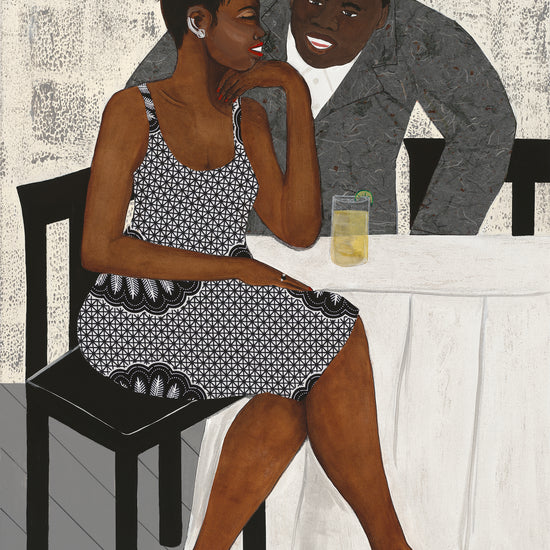 'The Conversation' fine art print: A couple engaged in an intimate dialogue, with the woman in an African-inspired print dress and the man in a gray jacket, set against a warm-toned background. shown with or without white border.