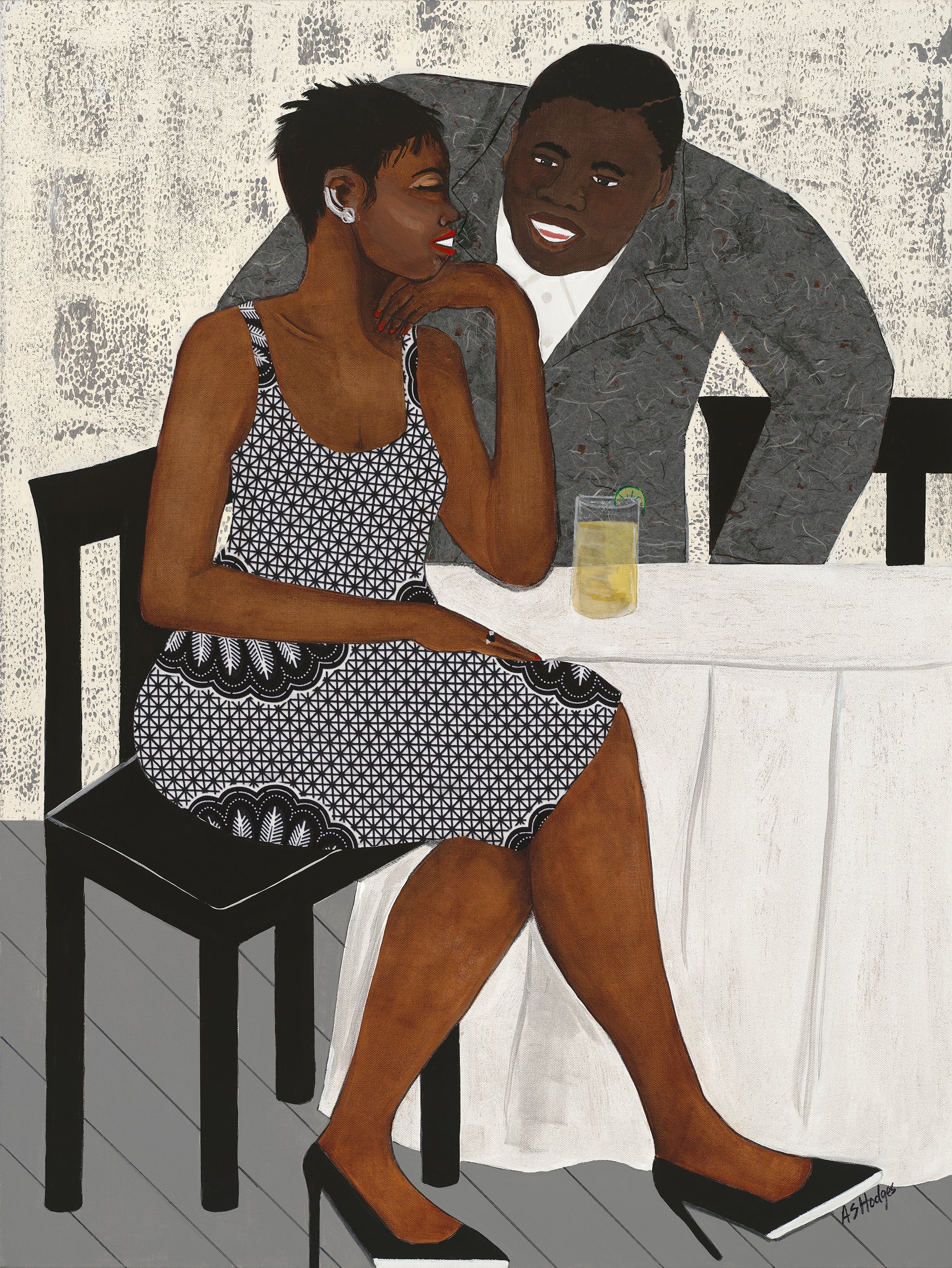 'The Conversation' fine art print: A couple engaged in an intimate dialogue, with the woman in an African-inspired print dress and the man in a gray jacket, set against a warm-toned background. shown with or without white border.