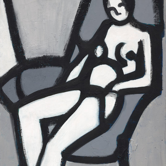 'The Model' art print: Black and white painting featuring a stylized female nude figure in a chair, highlighted by angular forms and dynamic brushwork in an expressionistic style.