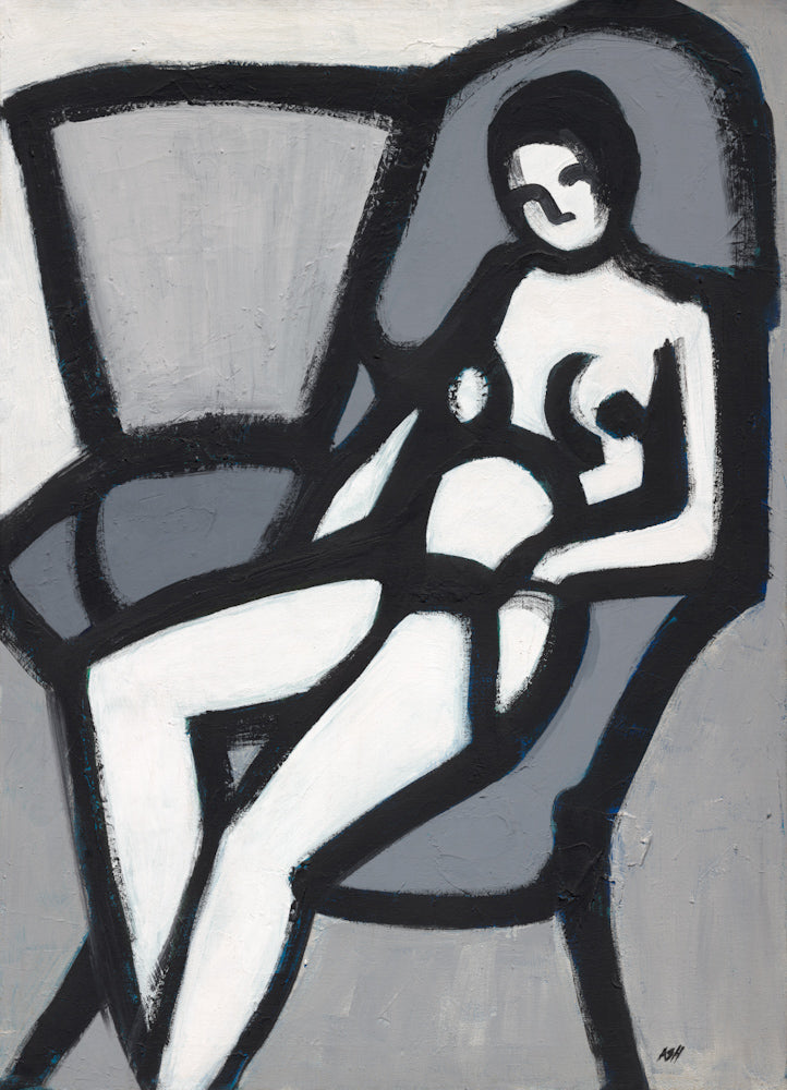 'The Model' art print: Black and white painting featuring a stylized female nude figure in a chair, highlighted by angular forms and dynamic brushwork in an expressionistic style.