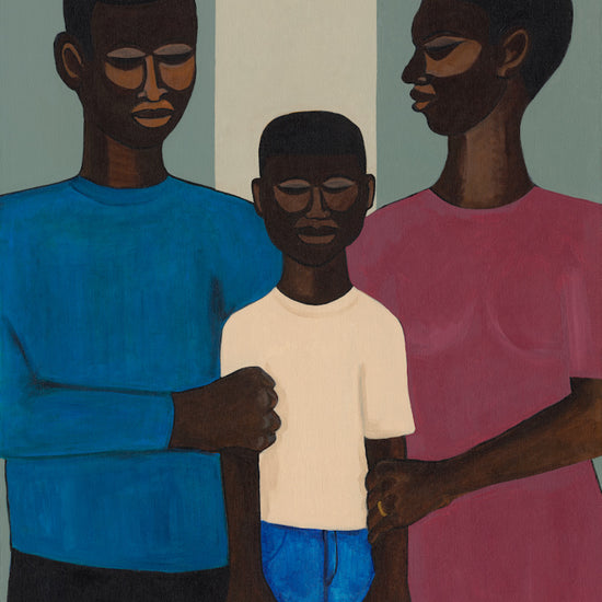 'The Family' fine art print: Stylized depiction of an African American family, with two adults and a child, set against a muted background, symbolizing unity and strength. shown with or without white border