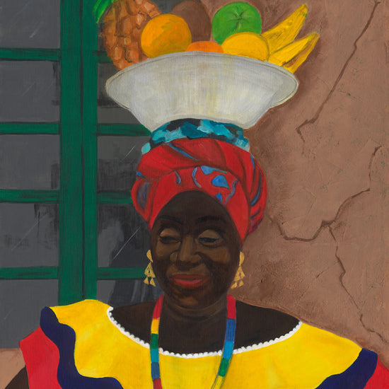 African American art titled Hey Lady, shows a colombian fruit vending lady.