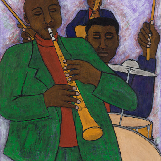 'the Three Musicians' paper print: Three figures in a jazz ensemble, dressed in colorful attire, capturing the rhythm and energy of a musical performance.