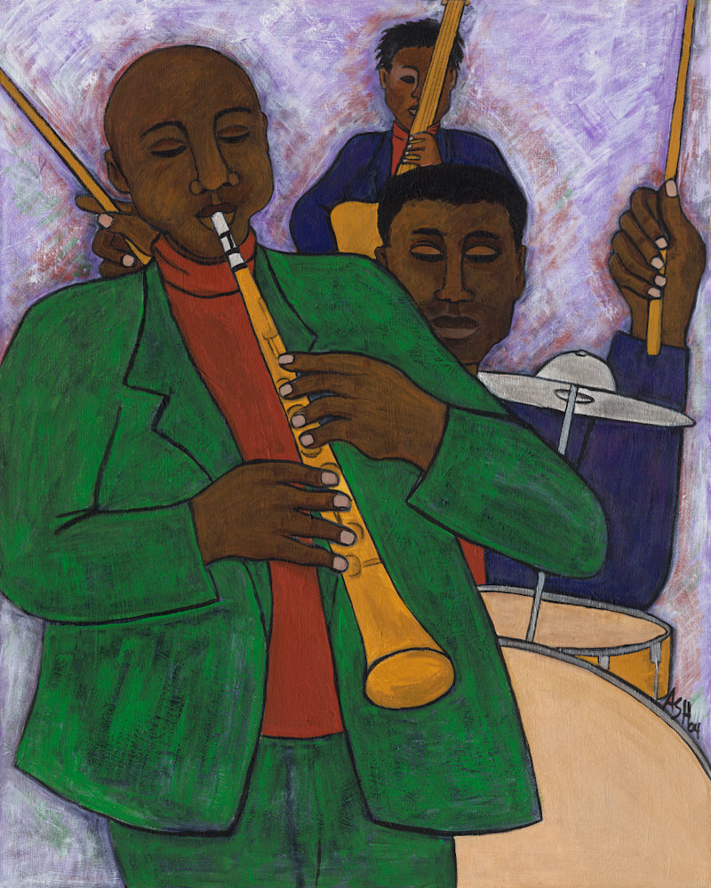 'the Three Musicians' paper print: Three figures in a jazz ensemble, dressed in colorful attire, capturing the rhythm and energy of a musical performance.