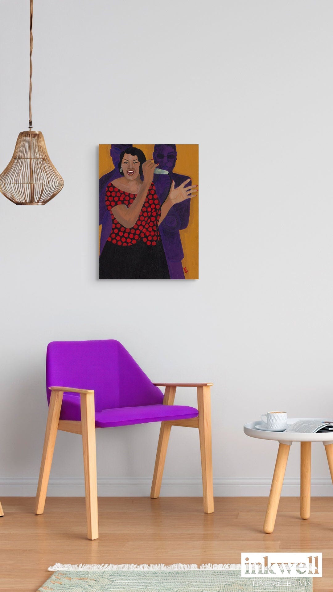 'Jazz Singer' art print: African American woman in a red polka-dot dress, passionately singing with one hand raised and holding a microphone, accompanied by silhouetted musicians against a vibrant orange and purple background