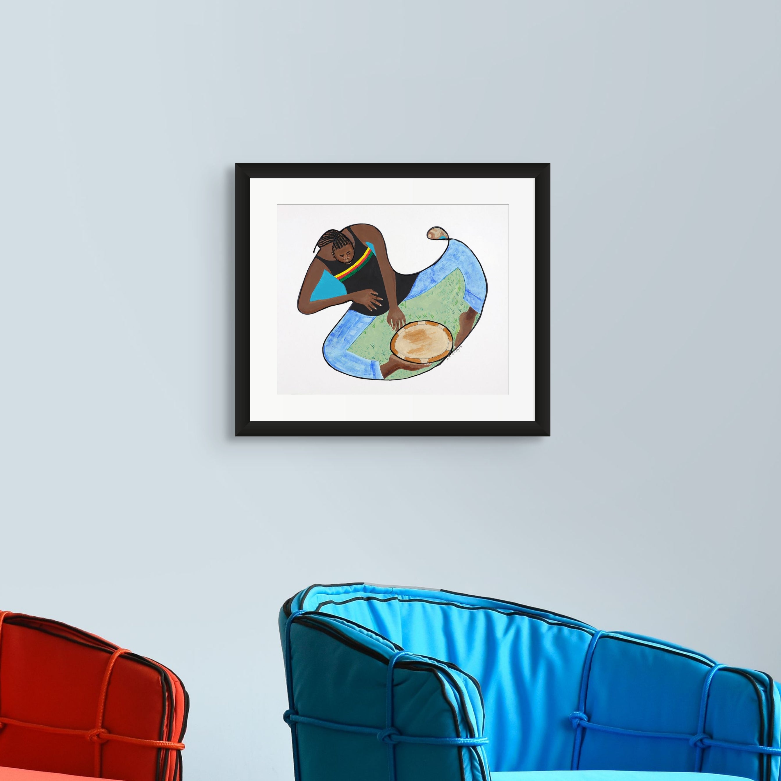 Rasta With Drum and Conch continuous line print in black frame — Rastafarian music art