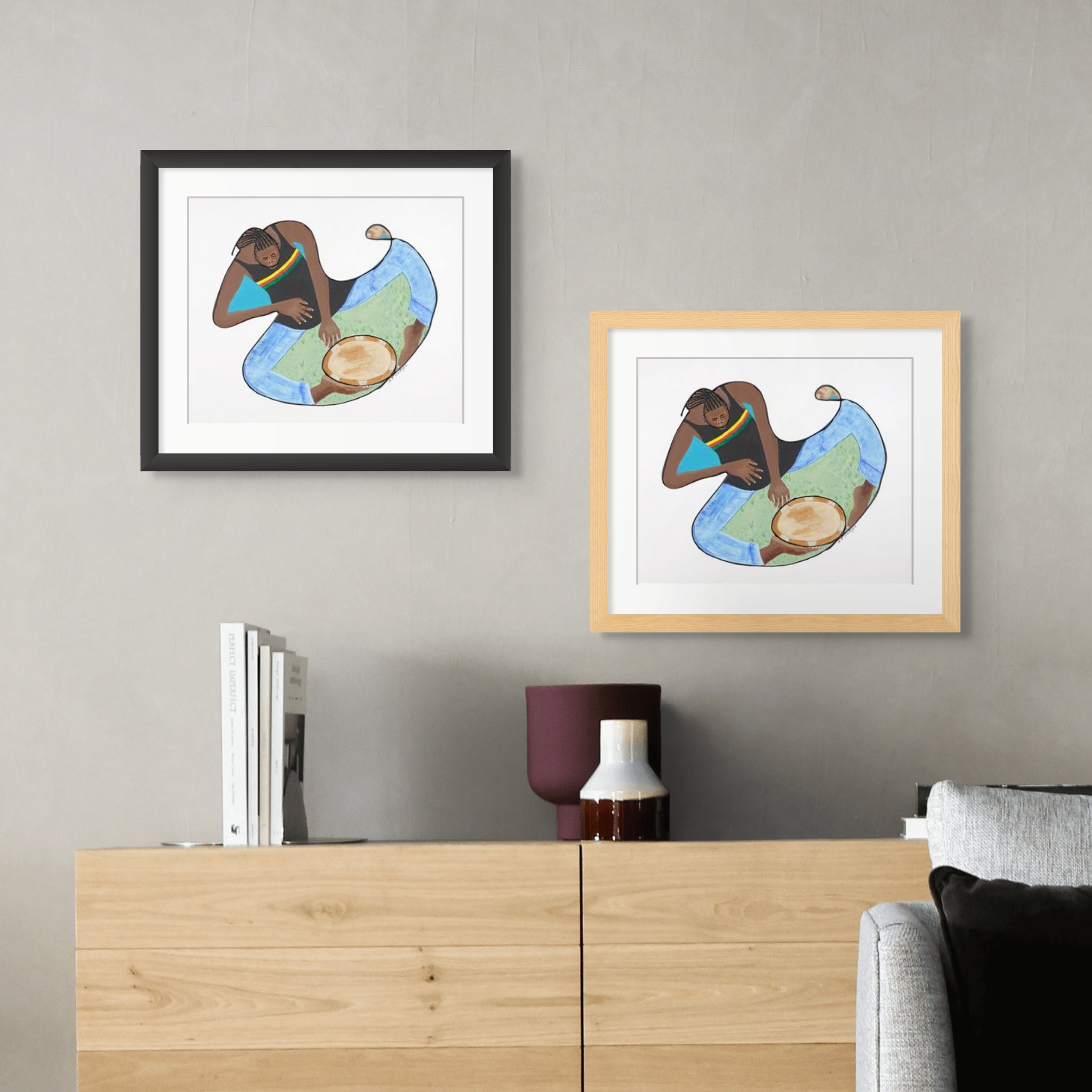 Rasta With Drum and Conch continuous line print, oak or black frame choices — Rastafarian music art