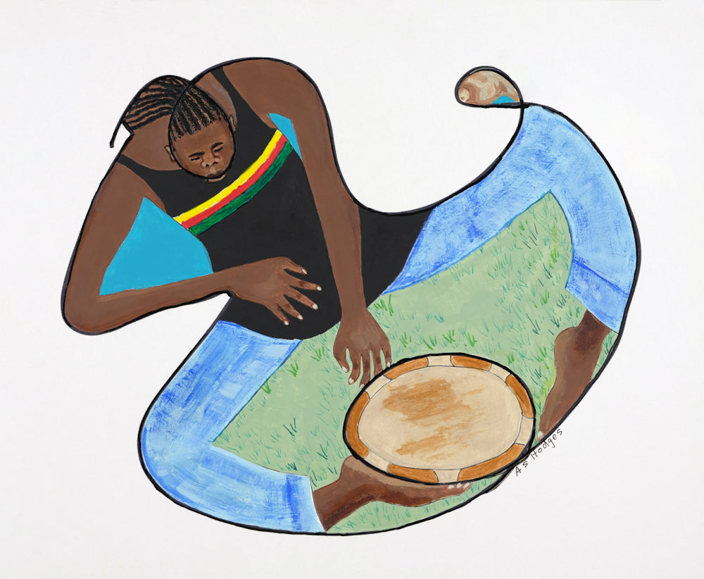 Rasta With Drum and Conch continuous line print — Rastafarian music art by Antionette Simmons Hodges