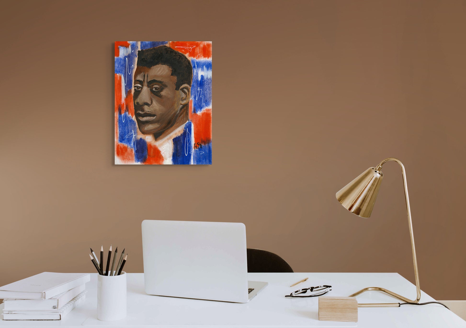 Stretched canvas print of 'Red, White & Blues - James Baldwin,' showcasing a portrait of Baldwin with a dynamic red, white, and blue backdrop. The artwork reflects themes of patriotism and resilience, honoring Baldwin's profound impact on civil rights and literature.