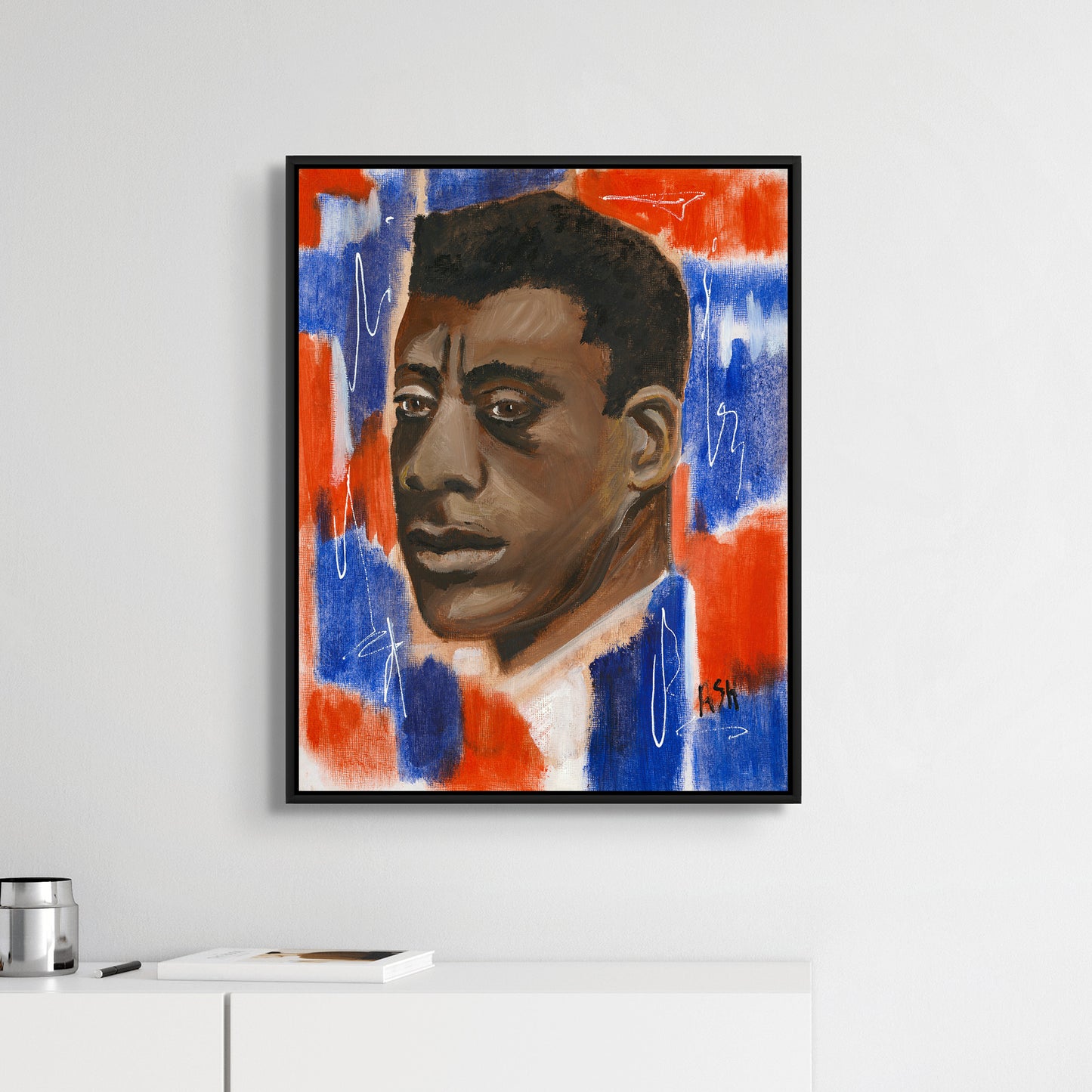 Red, White & Blues - James Baldwin framed canvas print by Antionette Simmons Hodges. Features a portrait of Baldwin with expressive brushwork in red, white, and blue hues, celebrating his literary legacy and cultural impact. Black art print