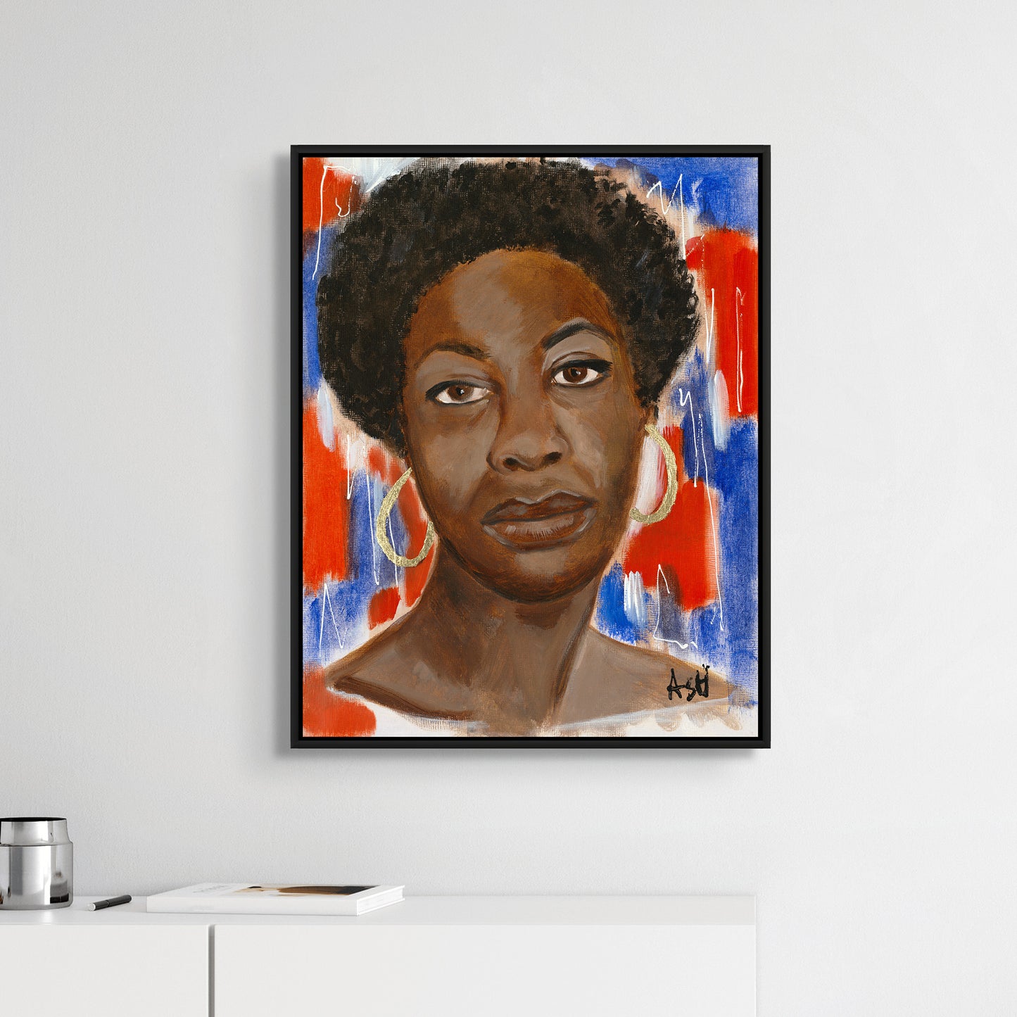 Black art print Red, White & Blues - Nina Simone framed canvas print by Antionette Simmons Hodges. Features the iconic singer in a dynamic pose, surrounded by musical notes and vibrant red, white, and blue hues, celebrating her legacy and influence in music