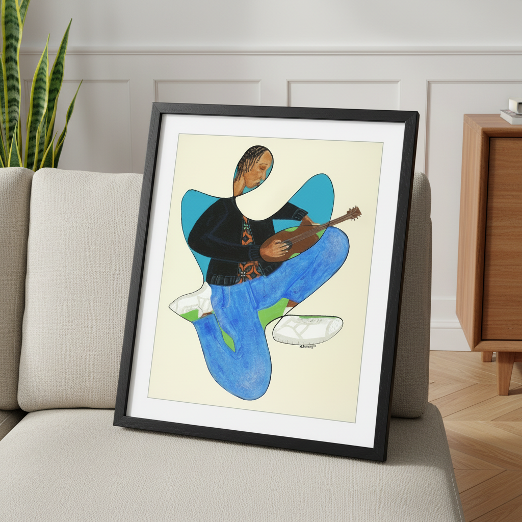 Rock On continuous line print, 11x14 size, above a sofa close-up — music-inspired Black art