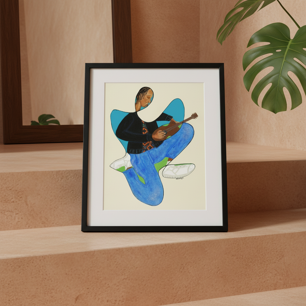 Rock On continuous line print, 11x14 size, on a staircase wall close-up — music-inspired Black art