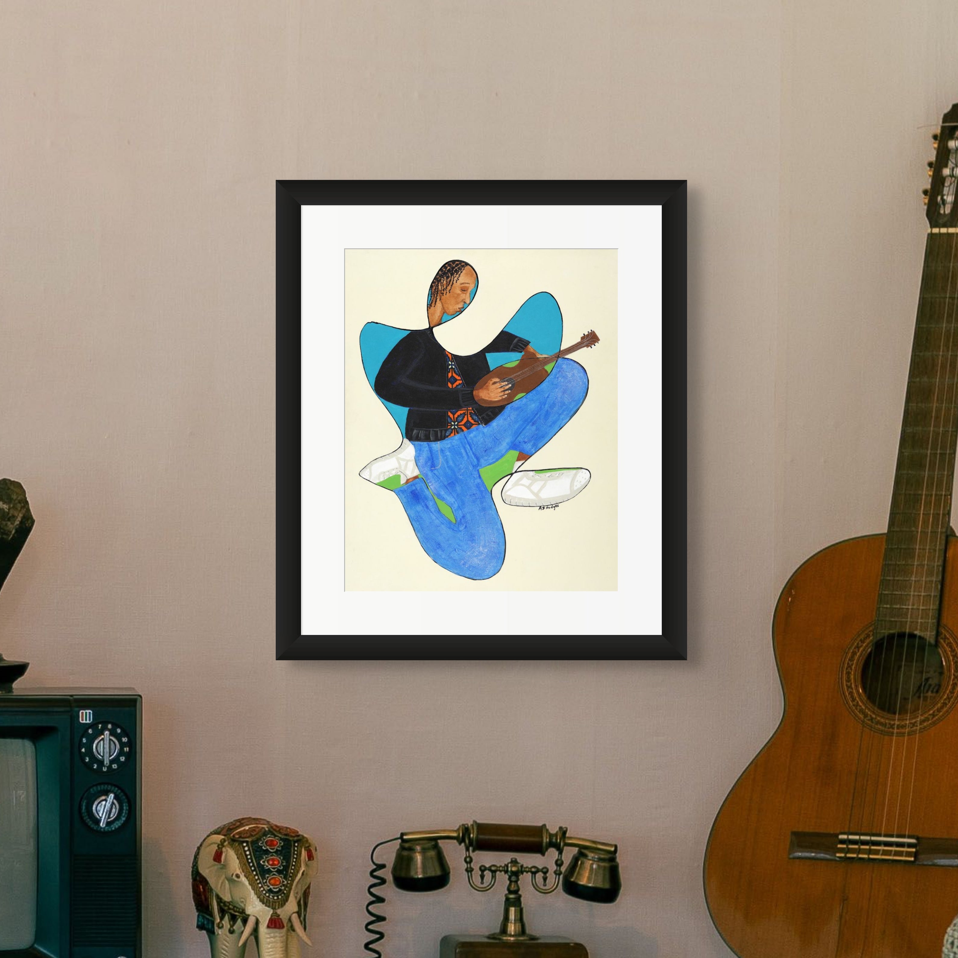 Rock On continuous line art print in black frame — music-inspired Black art by Antionette Simmons Hodges (1)