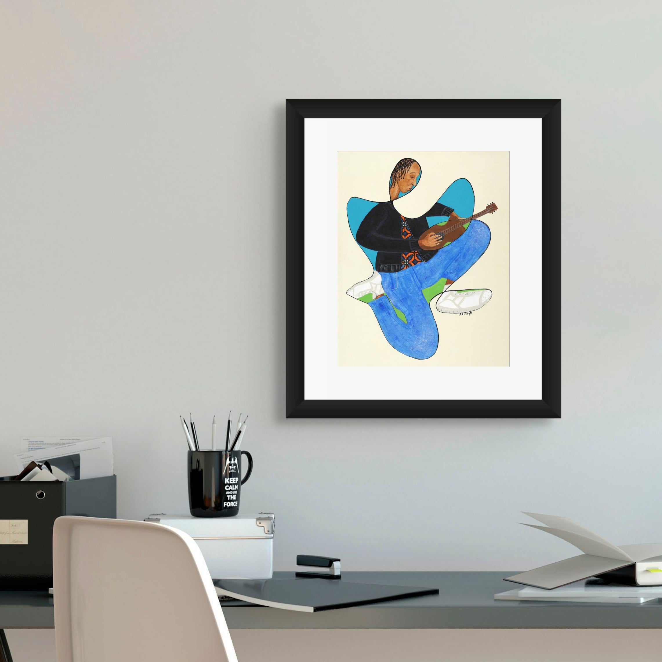 Rock On continuous line art print in black frame — music-inspired Black art by Antionette Simmons Hodges (6)