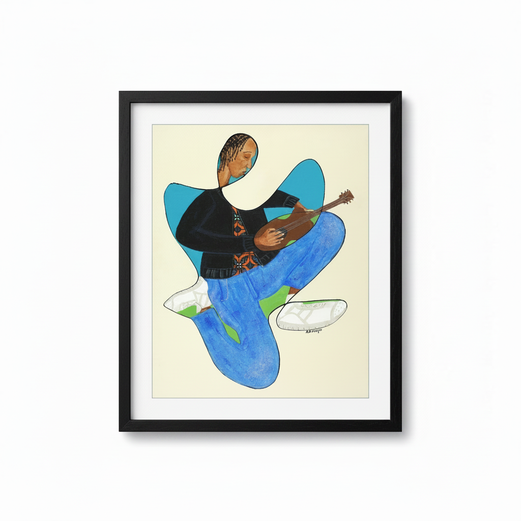 Rock On continuous line print in black frame — music-inspired Black art