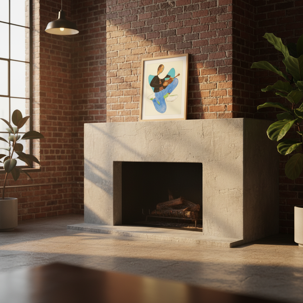 Rock On continuous line print above a loft mantel, oblique angle — music-inspired Black art