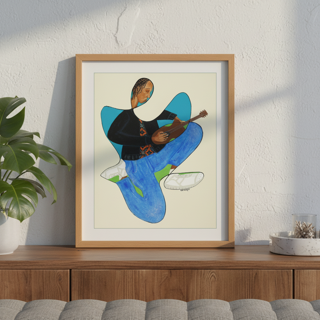 Rock On continuous line print in oak frame above a credenza, alternate close-up — music-inspired Black art