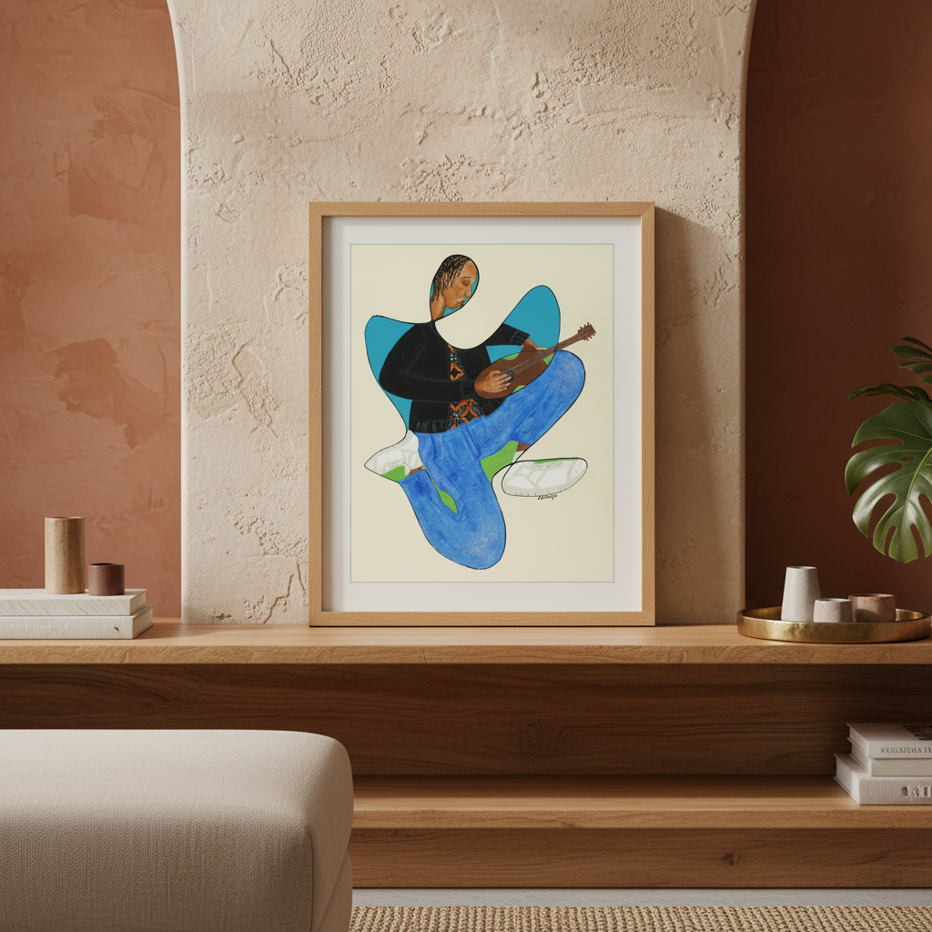 Rock On continuous line print in oak frame above a credenza, close-up — music-inspired Black art