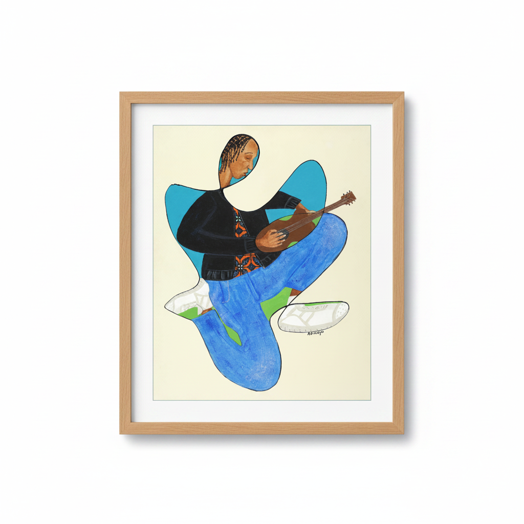 Rock On continuous line print in oak frame, studio shot — music-inspired Black art