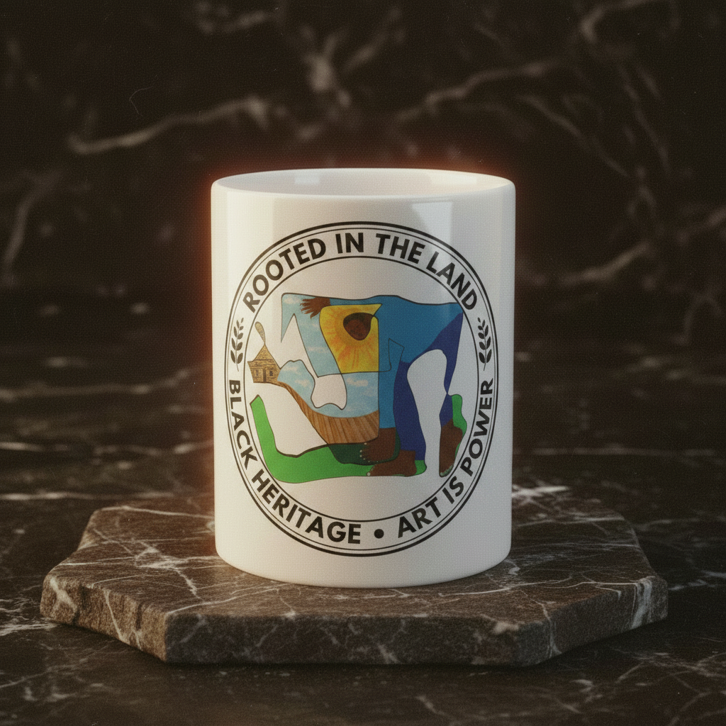 Rooted in the Land ceramic mug front view on brown marble riser — Art Is Power Vol. I by Inkwell Fine Art Prints