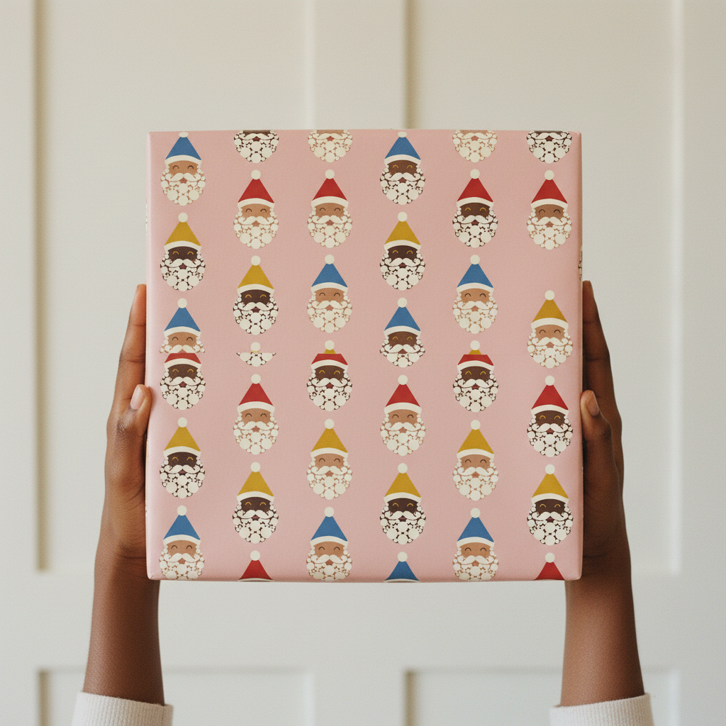 Black Santa Crew wrapping paper, Blush, wrapped gift