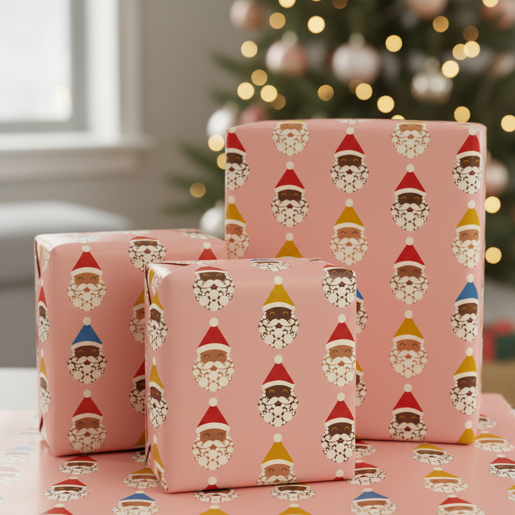 Black Santa Crew wrapping paper, Blush, close-up