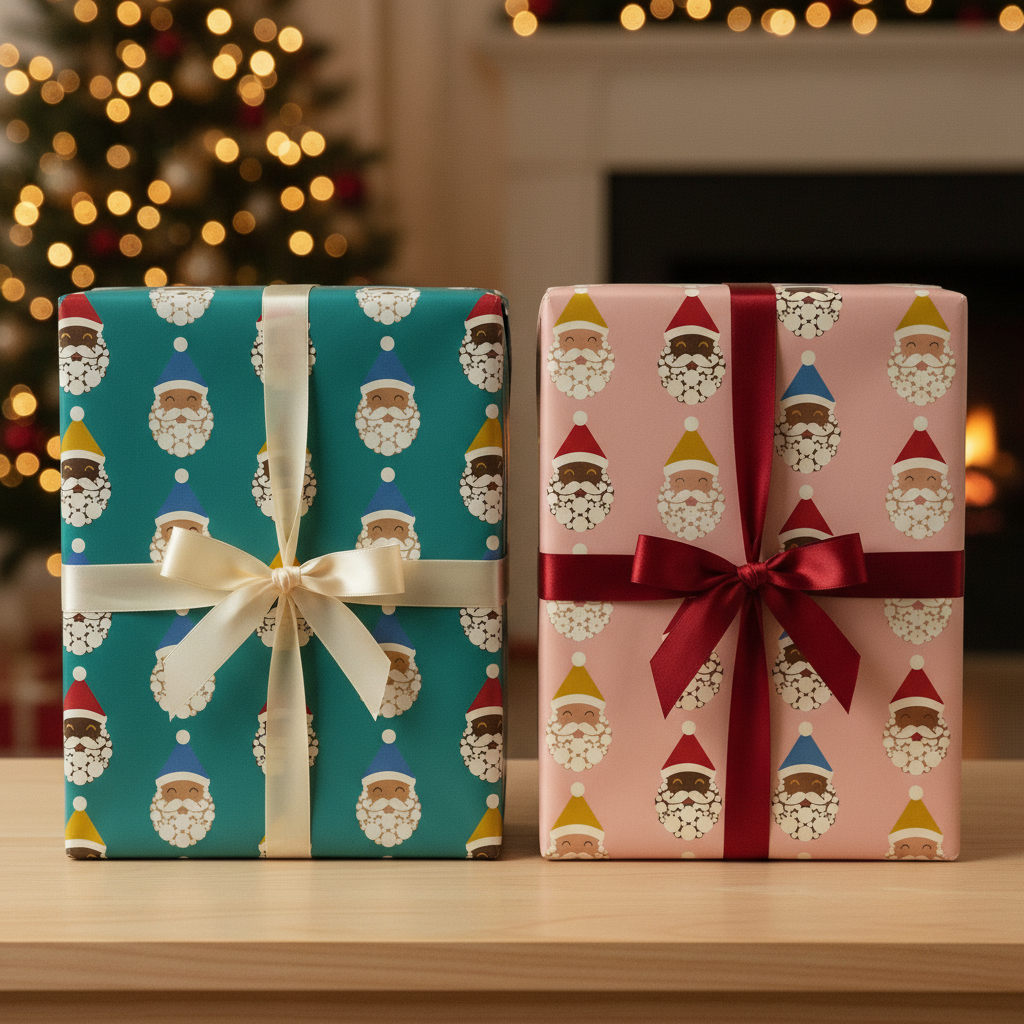 Santa Crew Christmas gift wrapping paper, all colorways, lifestyle photo