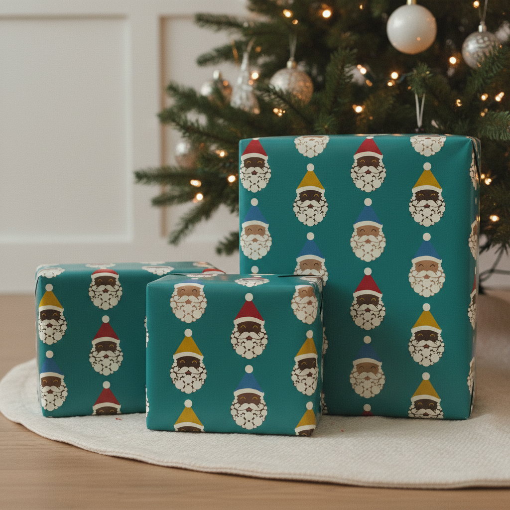 Santa Crew Christmas gift wrapping paper, all colorways, lifestyle photo