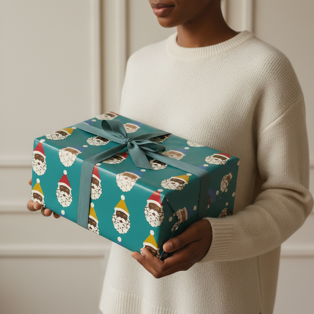 Santa Crew Christmas gift wrapping paper, all colorways, lifestyle photo