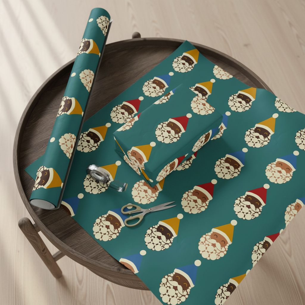 Santa Crew Christmas gift wrapping paper, all colorways, lifestyle photo