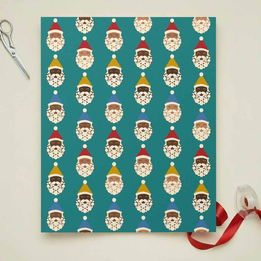 Santa Crew Christmas gift wrapping paper, all colorways, lifestyle photo