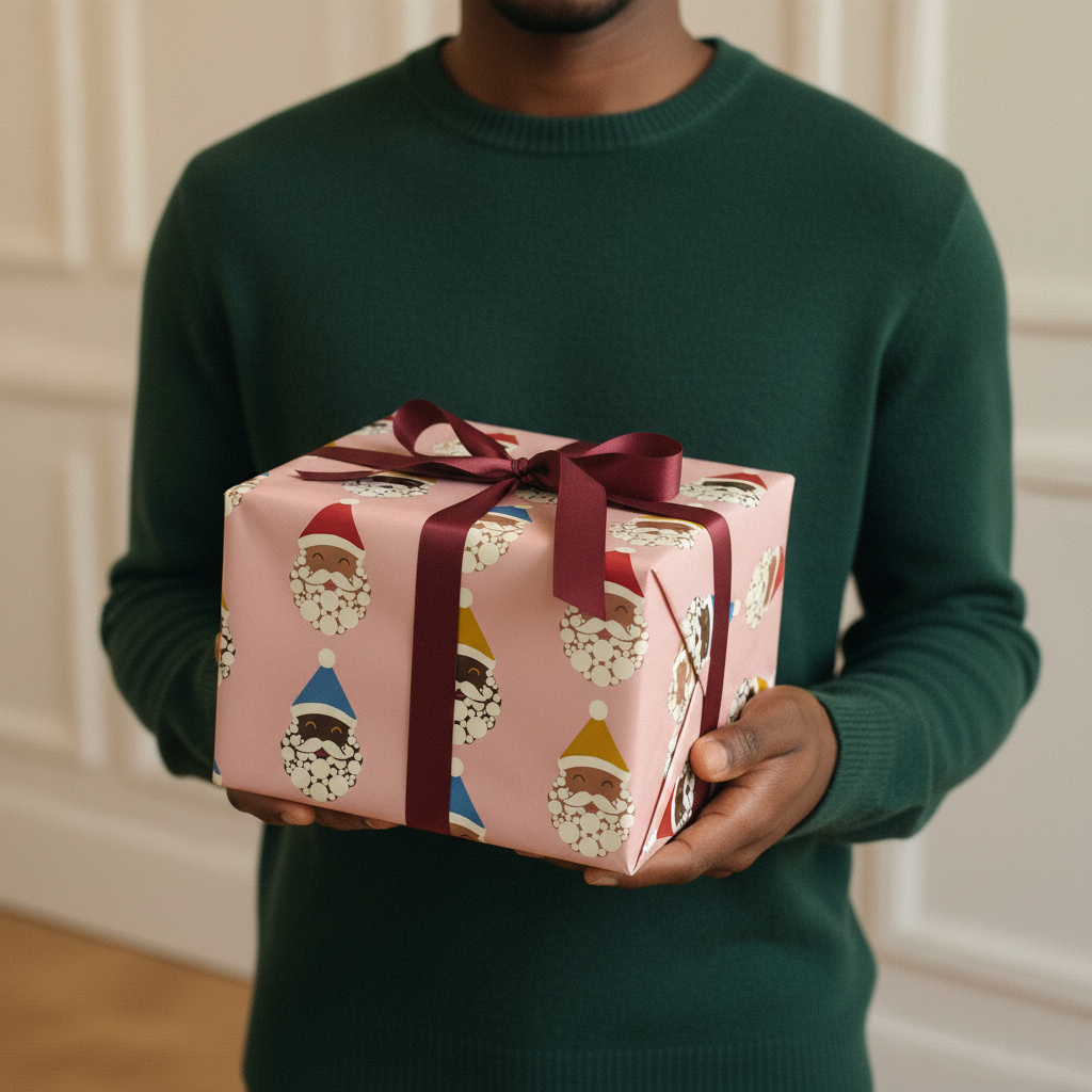 Santa Crew Christmas gift wrapping paper, all colorways, lifestyle photo