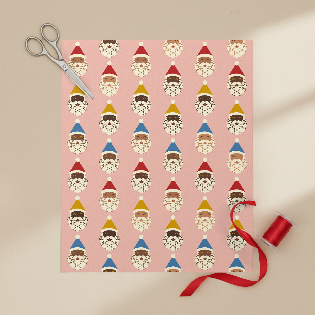 Santa Crew Christmas gift wrapping paper, all colorways, lifestyle photo