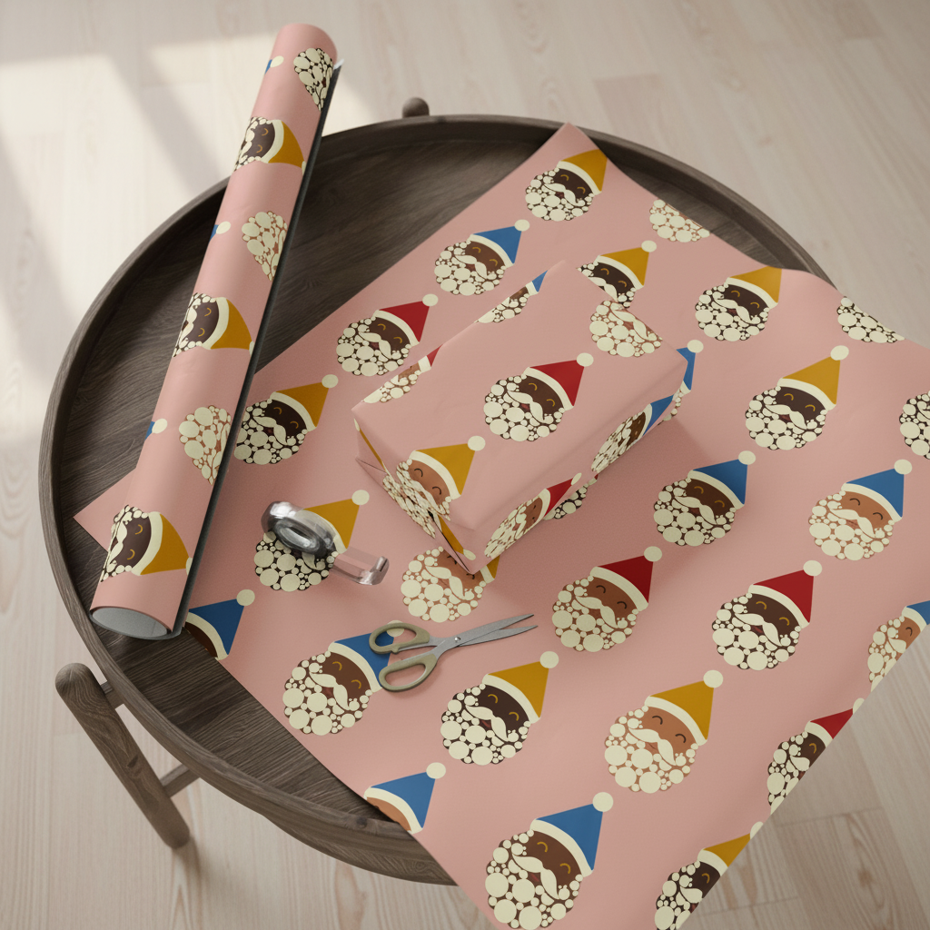 Santa Crew Christmas gift wrapping paper, all colorways, lifestyle photo